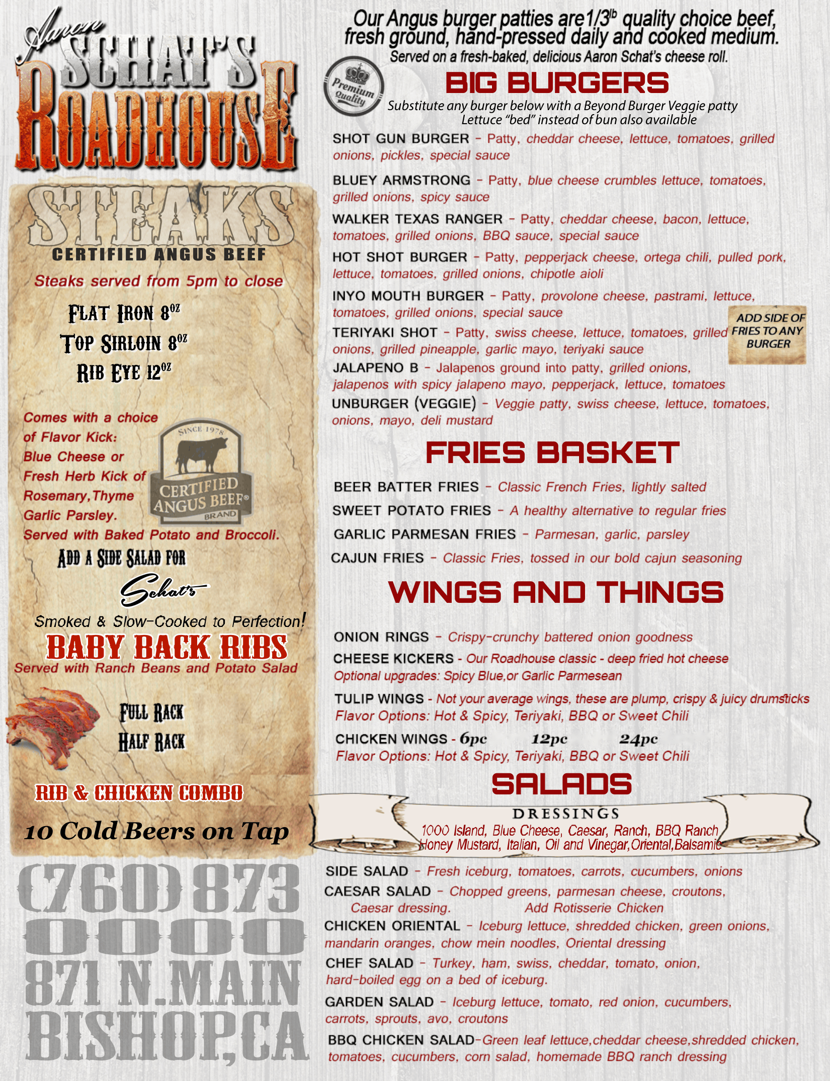 Aaron Schat's Roadhouse menu, front page